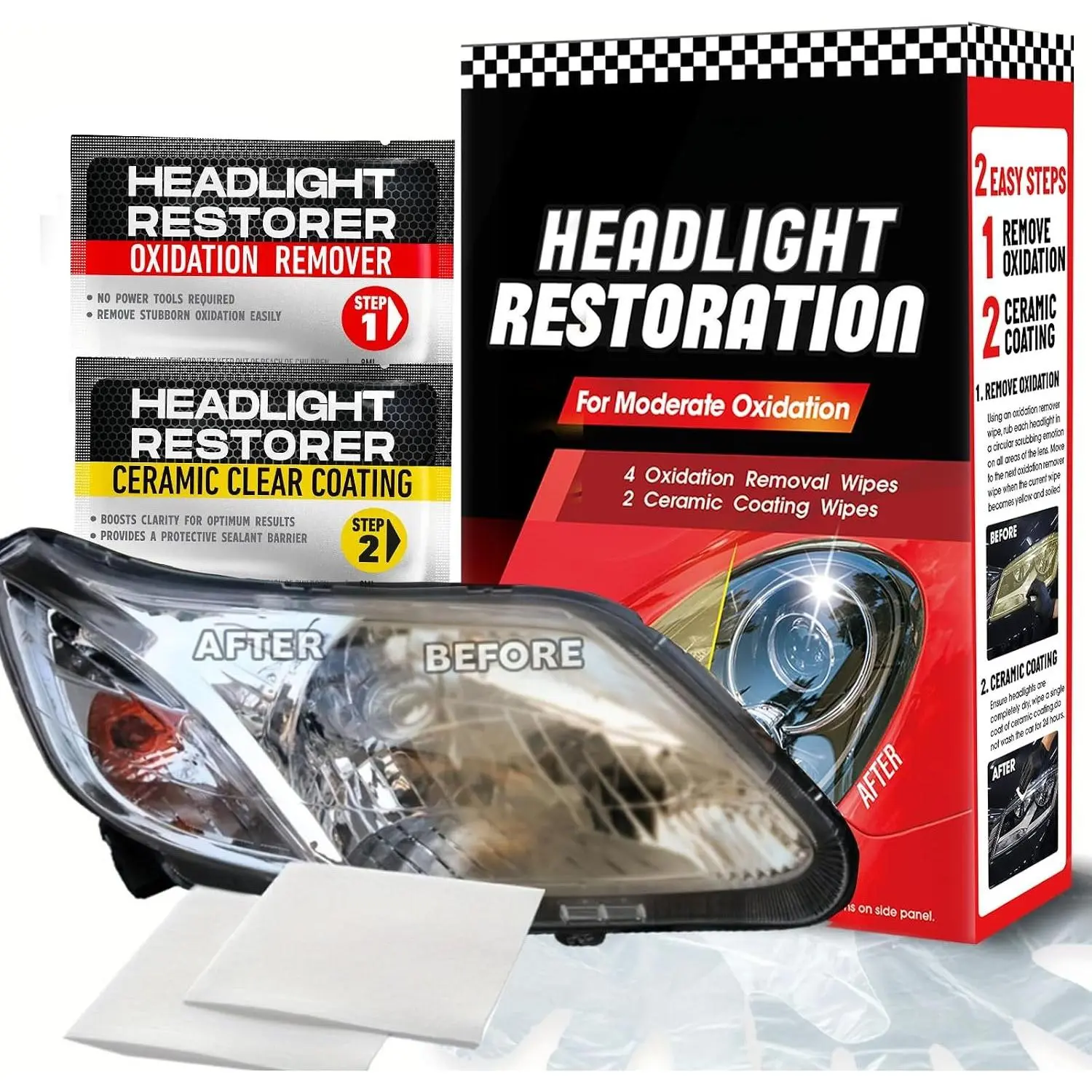Headlight Restoration kit, 2-Step Headlight Cleaner & Protective Coating Wipes, Removing The Moderate Yellowing, Haziness and Oxidation, Provides with  Protection 18 Months
