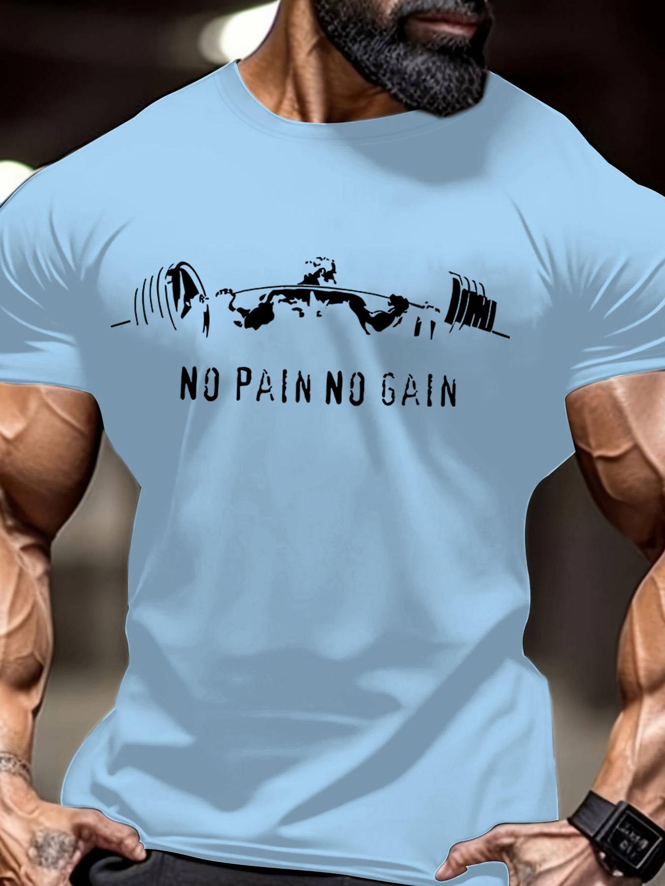 Men's Regular Fit No Pain No Gain Letter Print Round Neck Tee, Casual Short Sleeve Crew Neck T-shirt for Summer, Gym T Shirts, Fashion Men's Top for Gym Workout Running