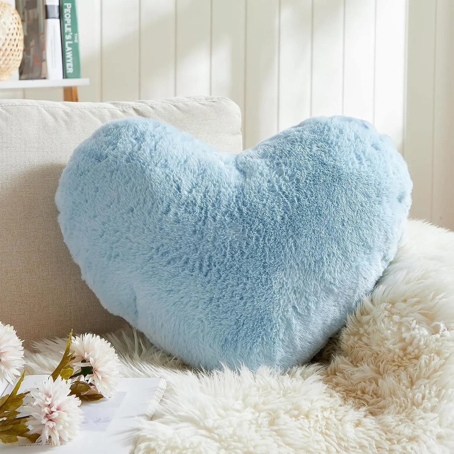 Heart Pillows, Light Blue Heart Shaped Pillows, Love Throw Pillows Gifts, Ultra Soft Faux Rabbit Fur Small Cute Pillows, Women Girls Kid Room Decor 10x13 Inch