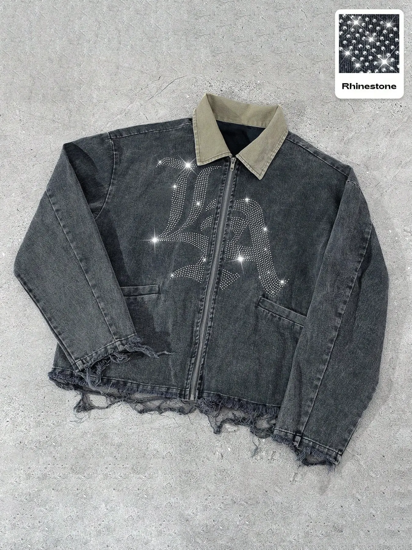 American High Street Vintage Washed Black-Grey Distressed Denim Cropped Jacket, Contrast Color Lapel Collar, Loose Drop Shoulder Wide Sleeve Workwear Top, Unisex Coat For Men And Women, Fashion Outerwear As Anniversary Holiday Gift