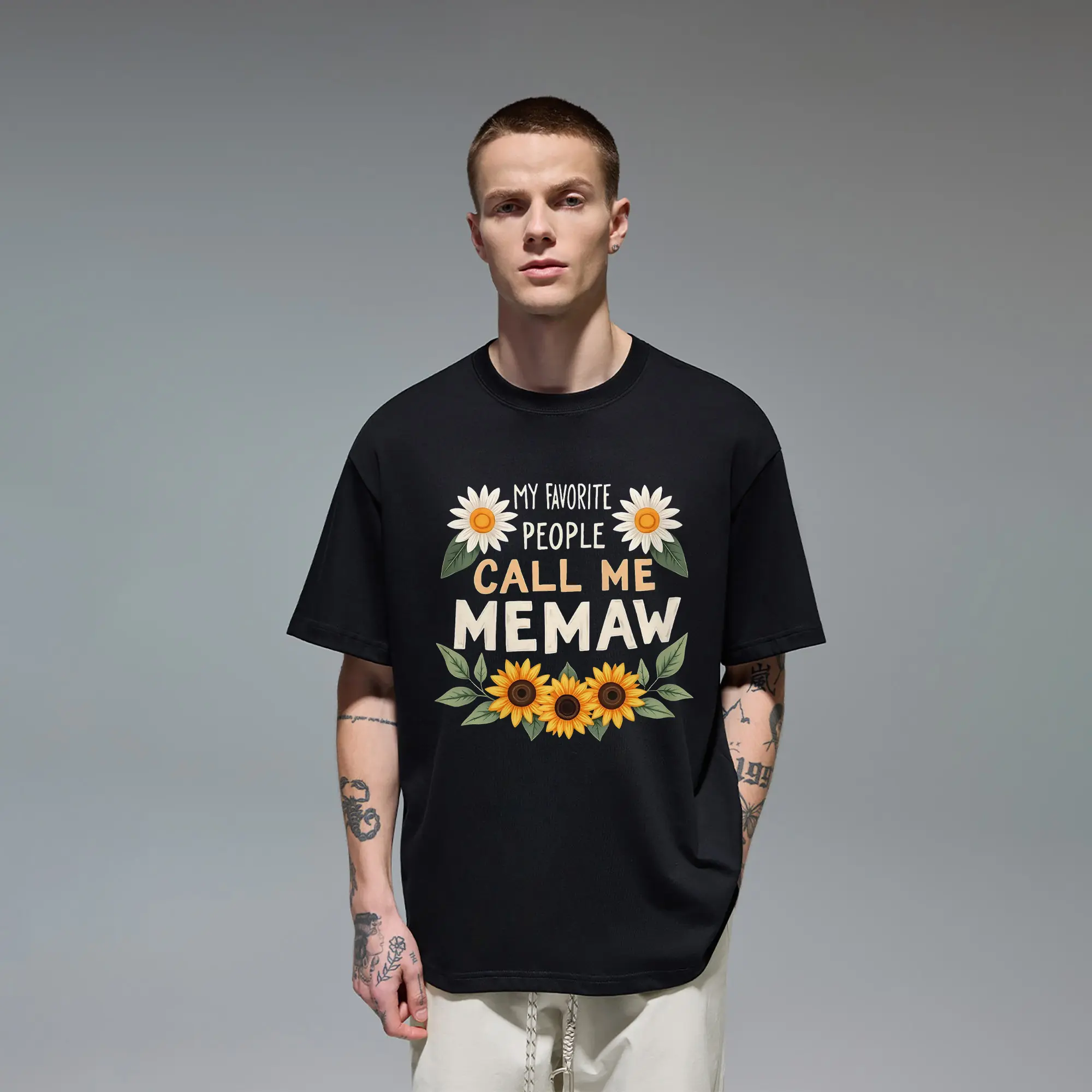 My Favorite People Call Me Memaw Sunflower Art Original Oversized Cotton Graphic Tee T-Shirt for Men Gift Cutting Ideas Women Grandmother Mother's Day Birthday Present Meaningful Retro Aesthetic Casual Everyday Wear Urban Streetwear