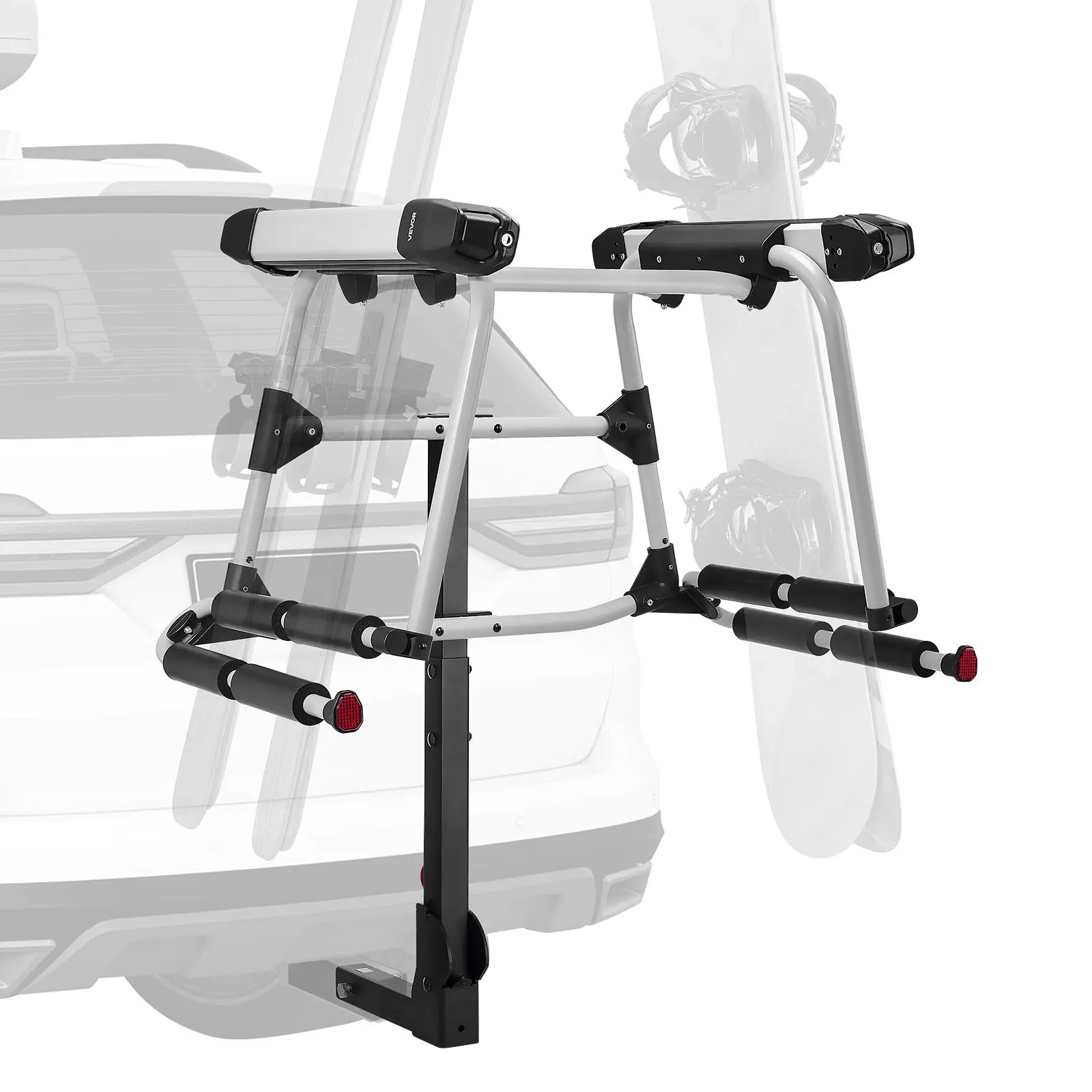 VEVOR Hitch Mounted Ski Snowboard Rack, Fits 2-Inch Receiver, Carries up to 6 Pairs of Skis or 4 Snowboards, Hitch-Mounted Rack for Car with Key Lock, Security Strap, Tilt Access, Rubber Padding