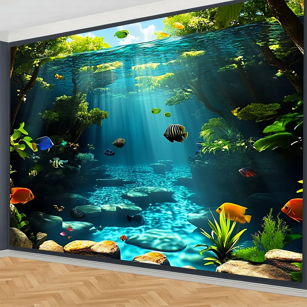 Underwater Green Plant Scene Backdrop Ocean Nature Style Tapestry Wall Hanging, Aquarium Photography Background, Premium Polyester Decorative Banner for Office Decor, Living Room Display, Photo Studio, Event Venue, Indoor Wall Art