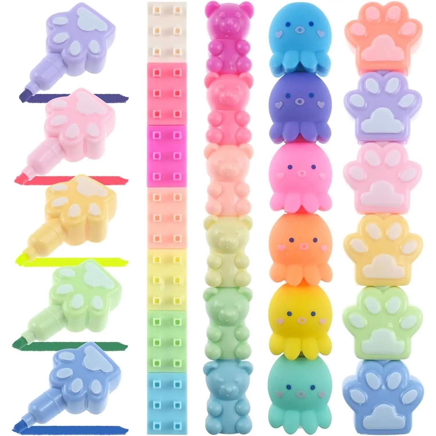 4 count Mini Highlighter Pens, Stackable Pastel Colourful Highlighters, Cute Mini Marker Pens for Writing Drawing Office Supplies Stationery (Octopus, Blocks, , 's Paw)