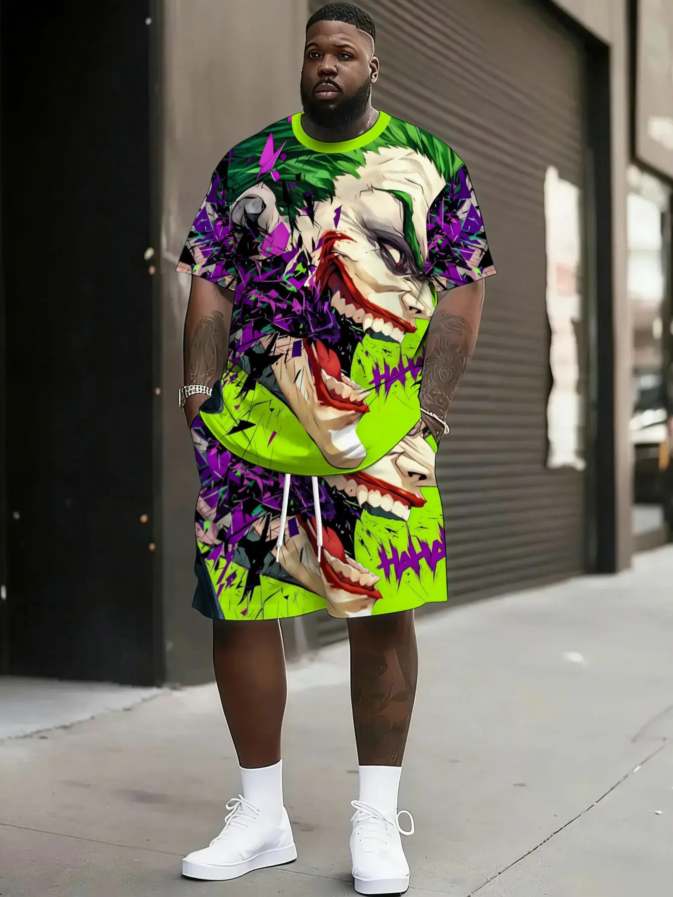 Men's Plus Size Clown 3D Digital Print Short Sleeve Shorts Set, Loose Fit Streetwear Two-Piece, Casual Summer Fashion