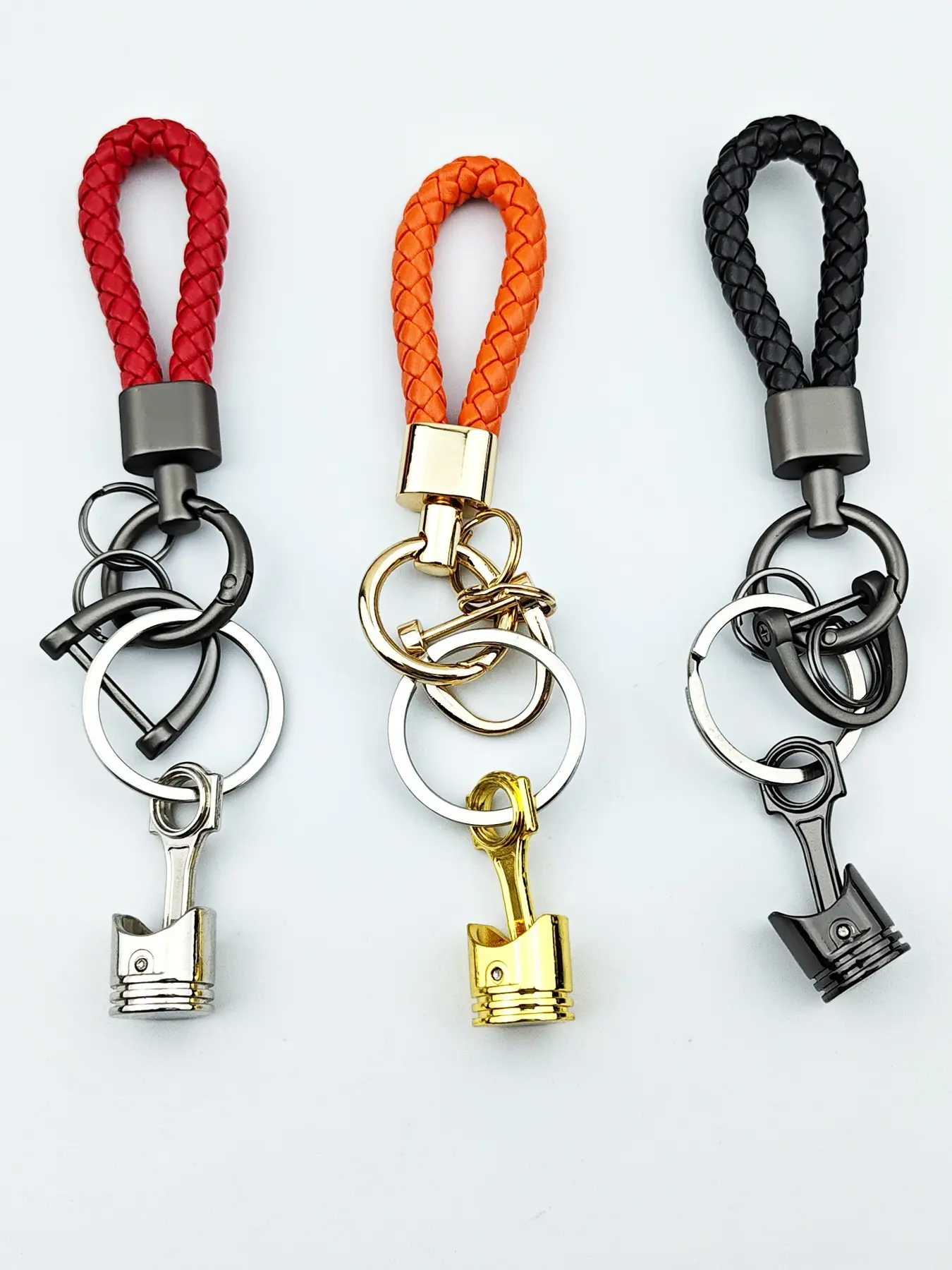 Creative Colorful Car Keychain, Piston Braided Leather Rope Anti-Loss, Zinc Alloy Rotatable Handmade Short Keychain, Car Modification Gift, Metal Keychains
