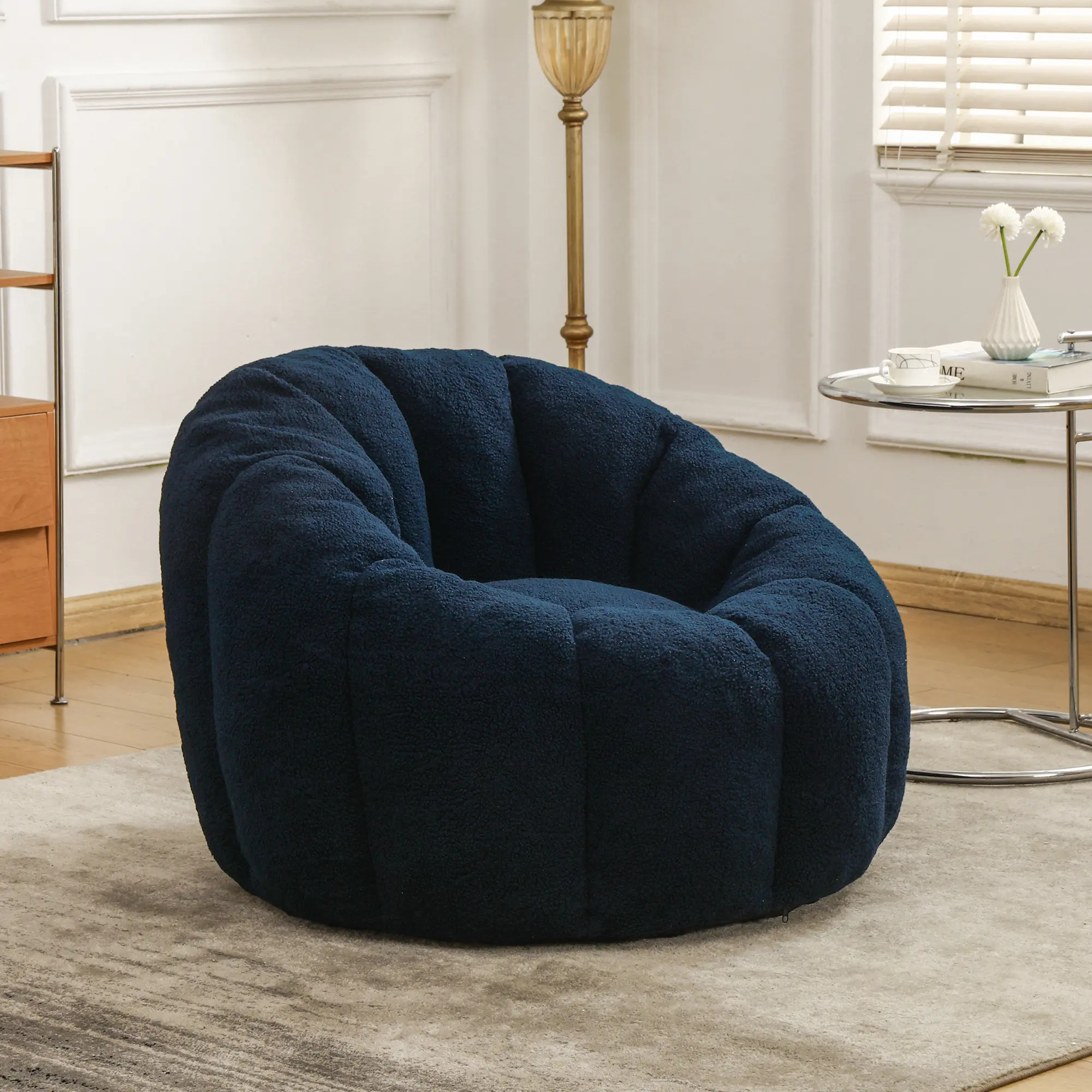 Nokaa Bean Bag Chair with Armrests, Giant Lazy Sofa for Adults, Teddy soft plush Fabric, High-Density Foam Filled, Ergonomic Back Support, Dark Blue, for Living Room Bedroom Reading Room, Single Box