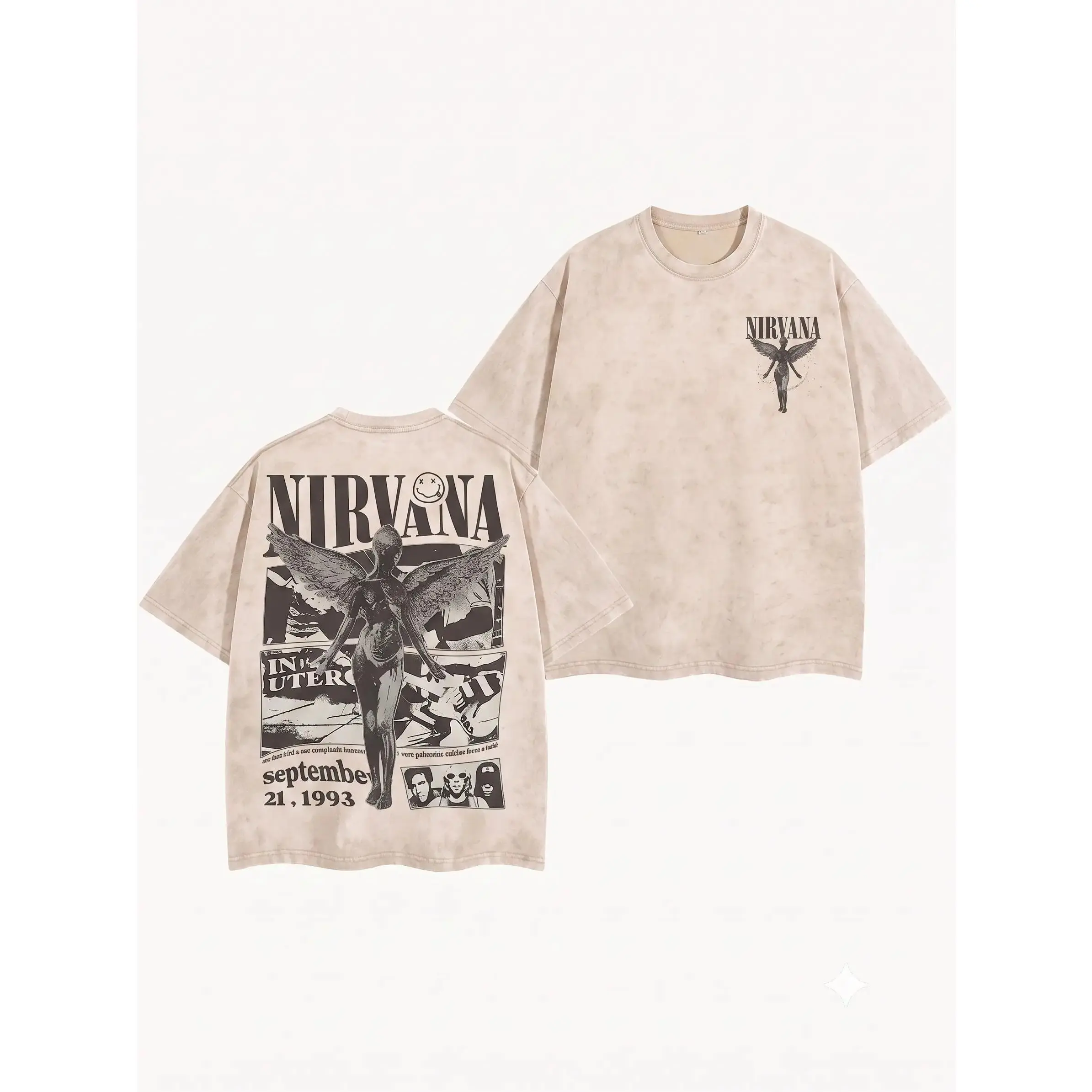 Menswear Oversized Men's Short-Sleeve Crewneck T-Shirt - Retro Limited Nirvana Band Tour 2-Sided Black Graphic Washed Heavyweight Cotton Unisex Top, Gift for Rock Music Lovers, Streetwear Casual Fit