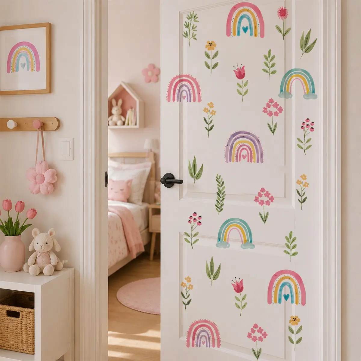 Boho Rainbow & Wildflower Floral Wall Decals, Removable Peel and Stick Botanical Stickers, Bedroom, Playroom, Nursery, Classroom Decor