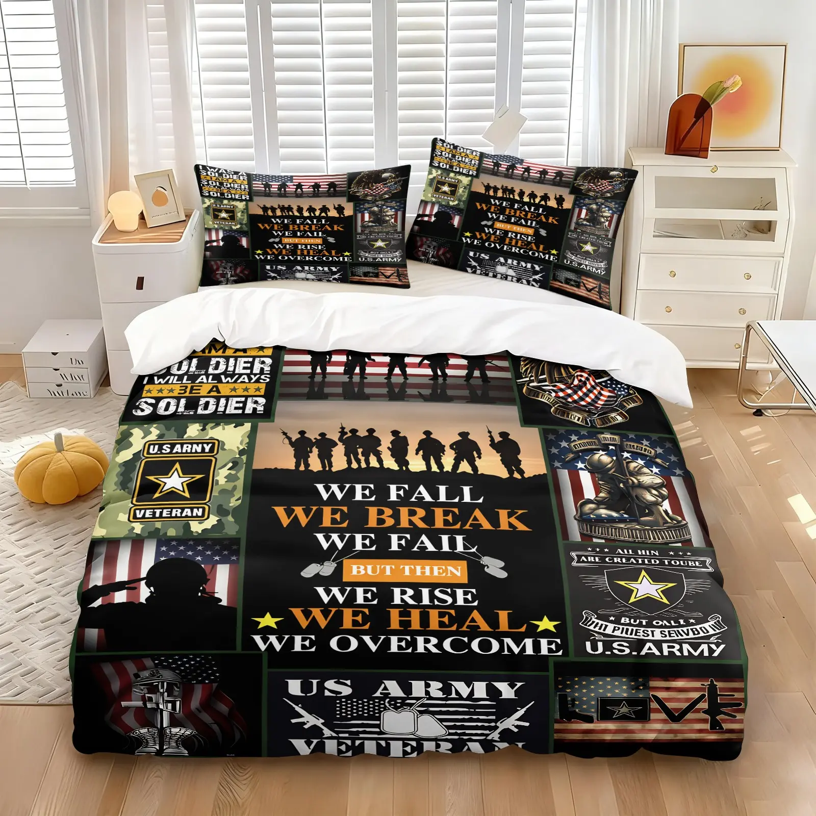 Patchwork Patriotic Soldier Veteran Duvet Cover 2/3 Set, 1 Quilt Cover and 1-2 Coreless Pillowcases,  Army Troop Silhouette, USA Flag, Camo Star Emblem & Uplifting Healing Text Motifs, Skin Friendly Fabric With Hidden Zipper, Men's Patriotic Daily Bedding