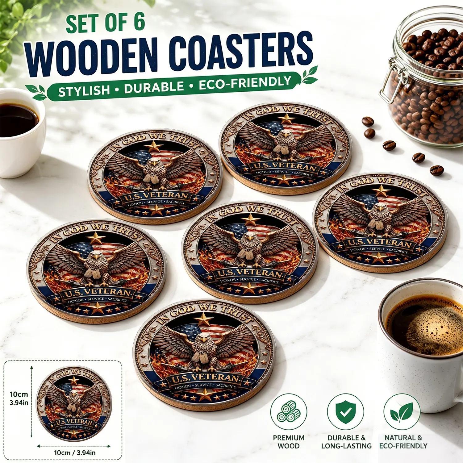 🇺🇸 6PCS Patriotic Wooden Coasters | "In God We Trust" U.S. Veteran Eagle & American Flag | Military Honor Service Sacrifice | Rustic Man Cave Bar Decor | Gift for Veterans & Patriots