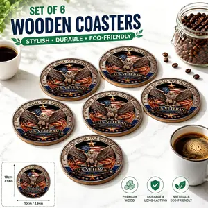 🇺🇸 6PCS Patriotic Wooden Coasters | "In God We Trust" U.S. Veteran Eagle & American Flag | Military Honor Service Sacrifice | Rustic Man Cave Bar Decor | Gift for Veterans & Patriots