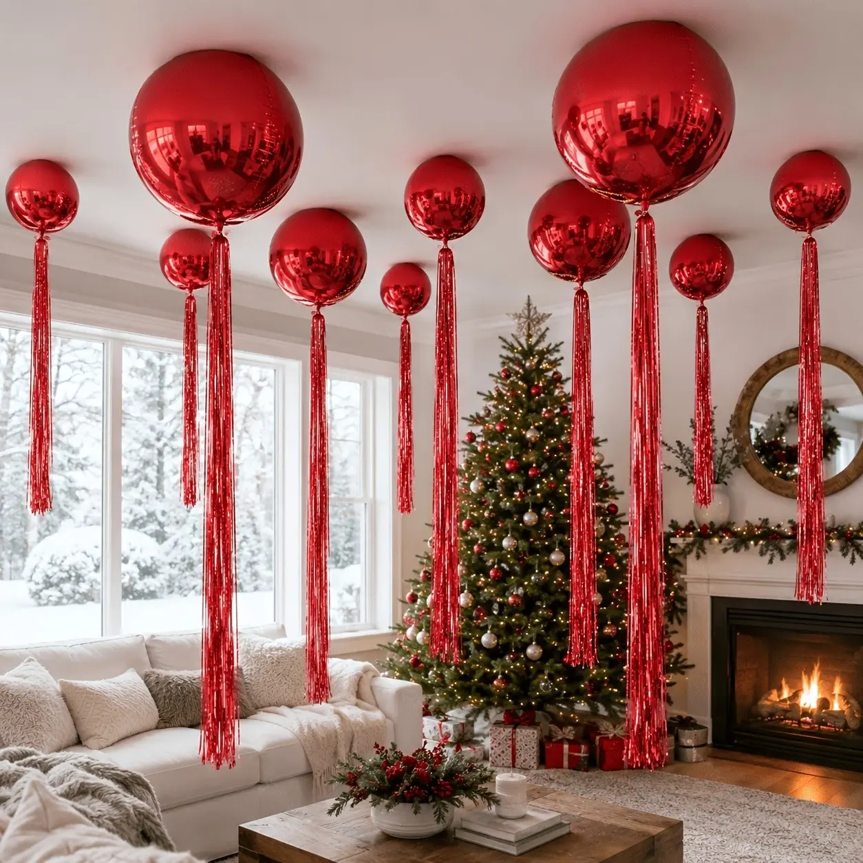 12Pcs Red 4D Foil Balloons & Rain Curtain Kit With Glue Dots, Contains 2Pcs 32inch, 2Pcs 22inch, 6Pcs 10inch Red 4D Balloons, Reusable Disco Ball, Party Decor Supplies for Christmas & Birthday Decorations