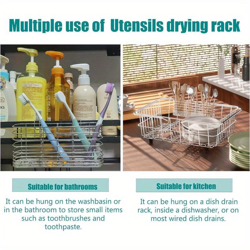 304 Stainless Steel Utensil Holder, Dish Drying Rack, Kitchen Utensil Organizer, Knife and Fork Draining Rack, Kitchen Drainage Basket Accessories, with Hooks, Rustproof, Color-Silvery