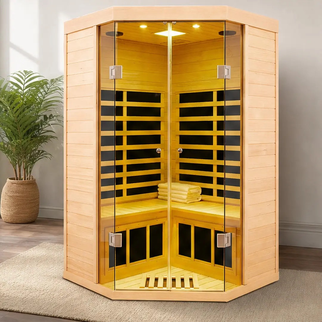 ARCH Hemlock Far Infrared Corner Sauna Room for Two Persons, 47.24" W x 47.24" D x 76.38" H, Natural Wood Stainless Steel Glass, LCD Touch Control, Bluetooth Audio, LED Lights, Home Spa Wellness, Natural Color Options, Wood+Stainless Steel+Glass