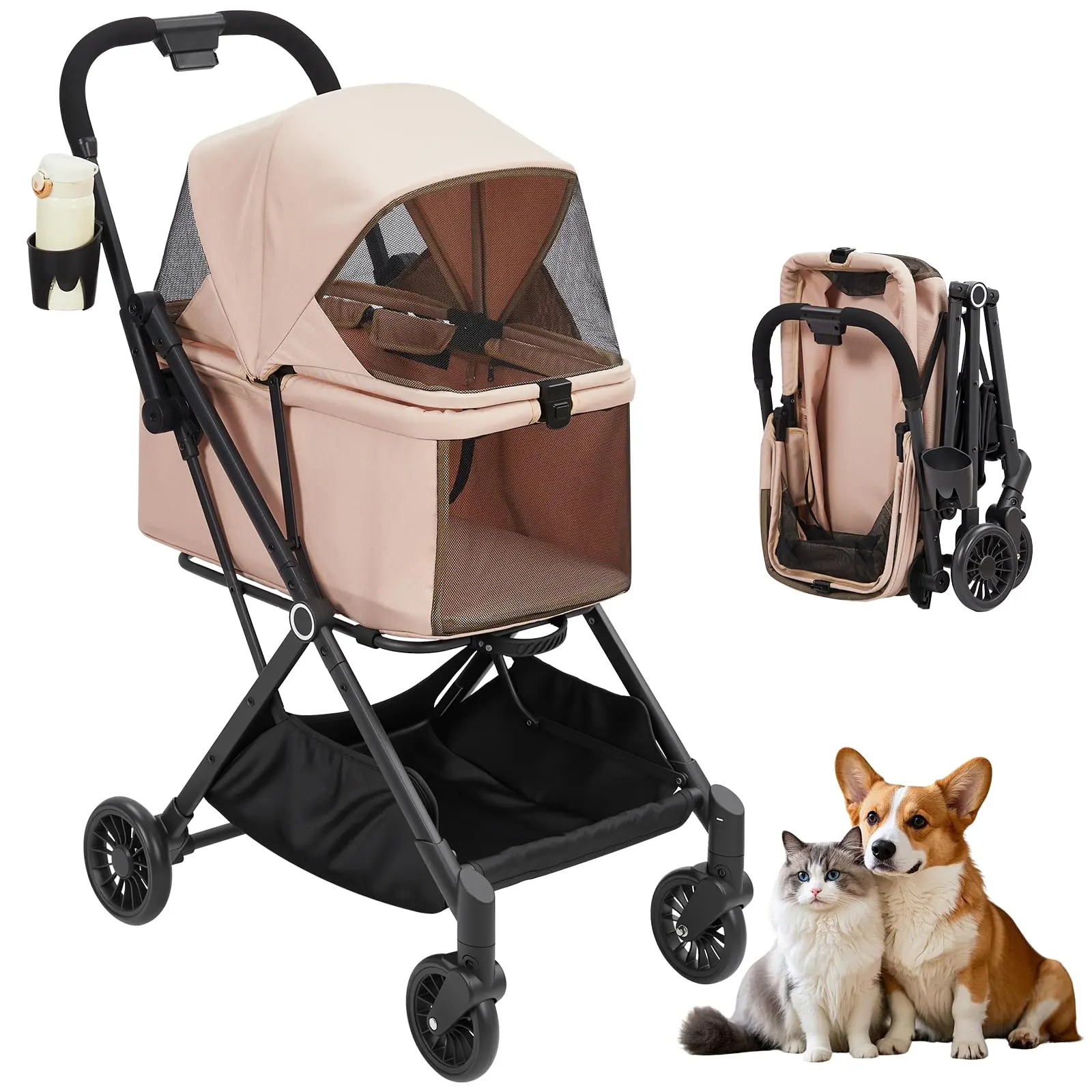 Foldable Pet Stroller for Small to Medium Dogs & Cats (Up to 48.5 lb) - Lightweight 4-Wheel Travel Aid with Breathable Mesh Canopy, Storage Basket, Cup Holder, 360-Degree Swivel Front Wheels, Rear ft Brake, Easy Transport, Pink