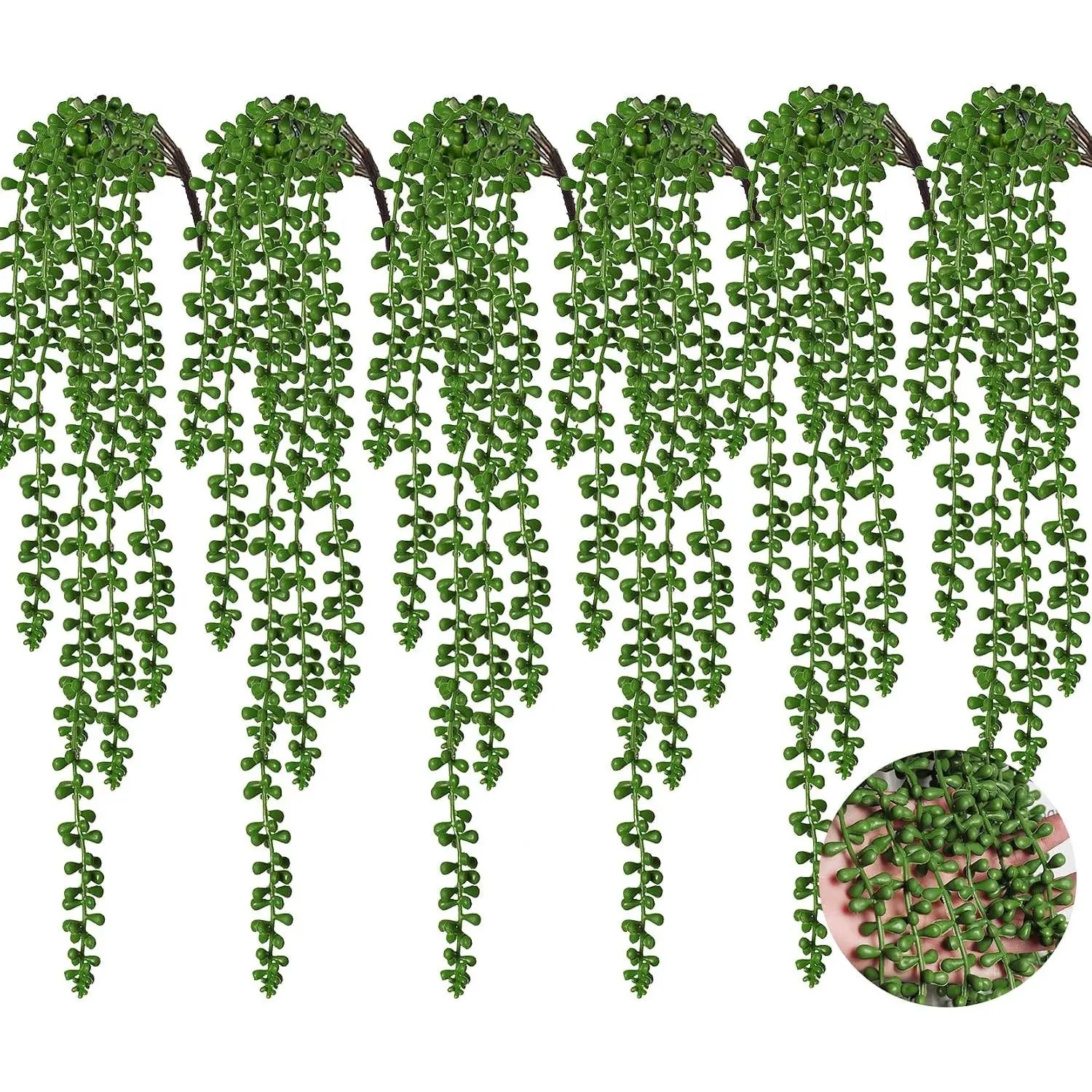 6pcs Plastic Iron Artificial Hanging Succulents, Fake String of Pearls Plant, Faux Greenery Wall Decoration for Indoor Home Bedroom, Outdoor Patio Garden Use
