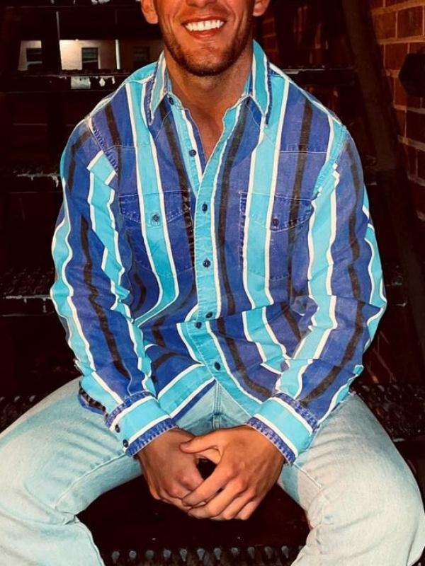 Men's Western Cowboy Style Retro Print Loose Long Sleeve Shirt Striped Casual Button Autumn Top Suitable for Streetwear Menswear233