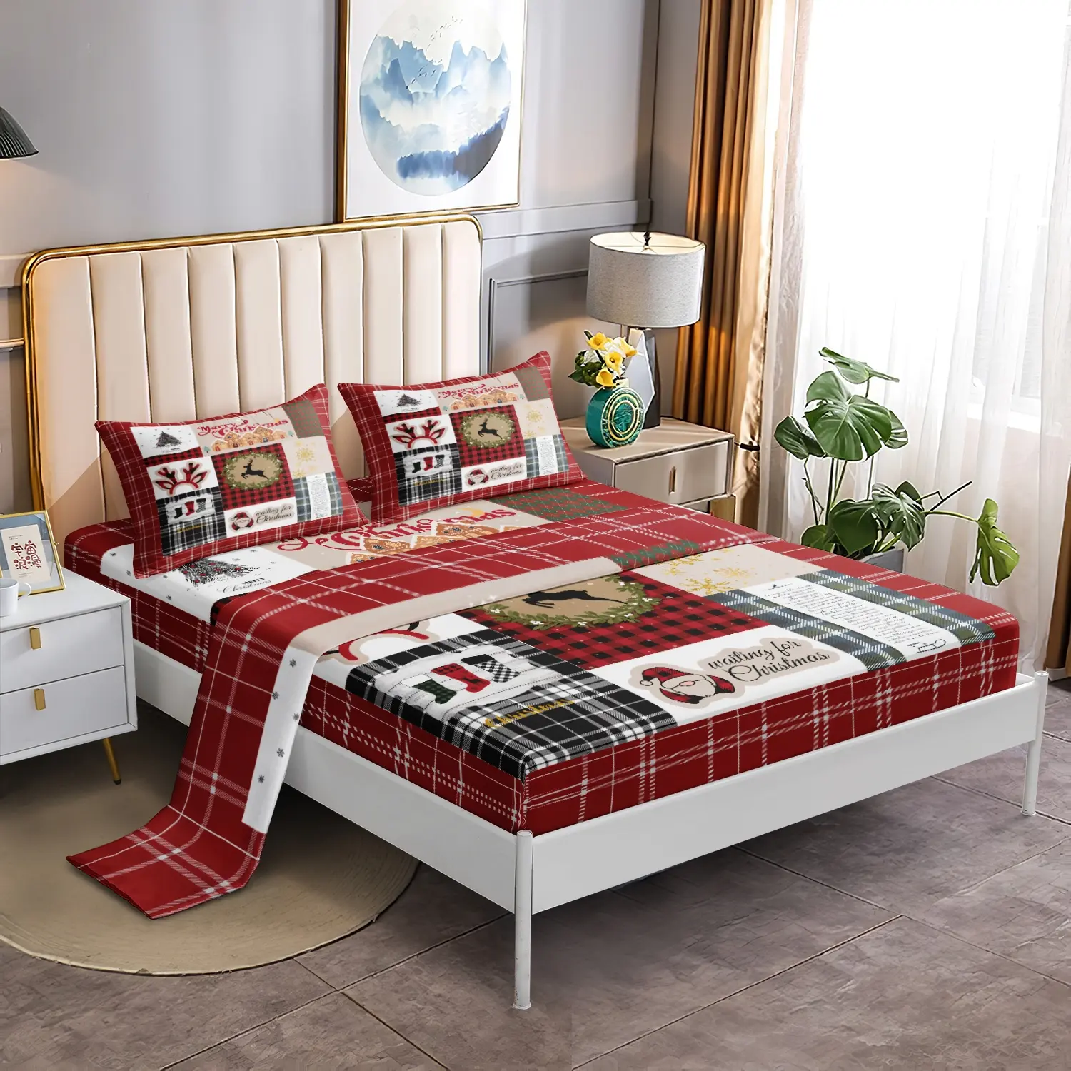 4‑Pieces Christmas Patchwork Plaid Bed Sheet Flat Set, Bedsheet Sets, Santa Reindeer Sock Vintage Xmas Print Soft Microfiber Bedding Bedroom Decor Included 1*Fitted Sheet & 1*Flat Sheet & 2*Pillowcase