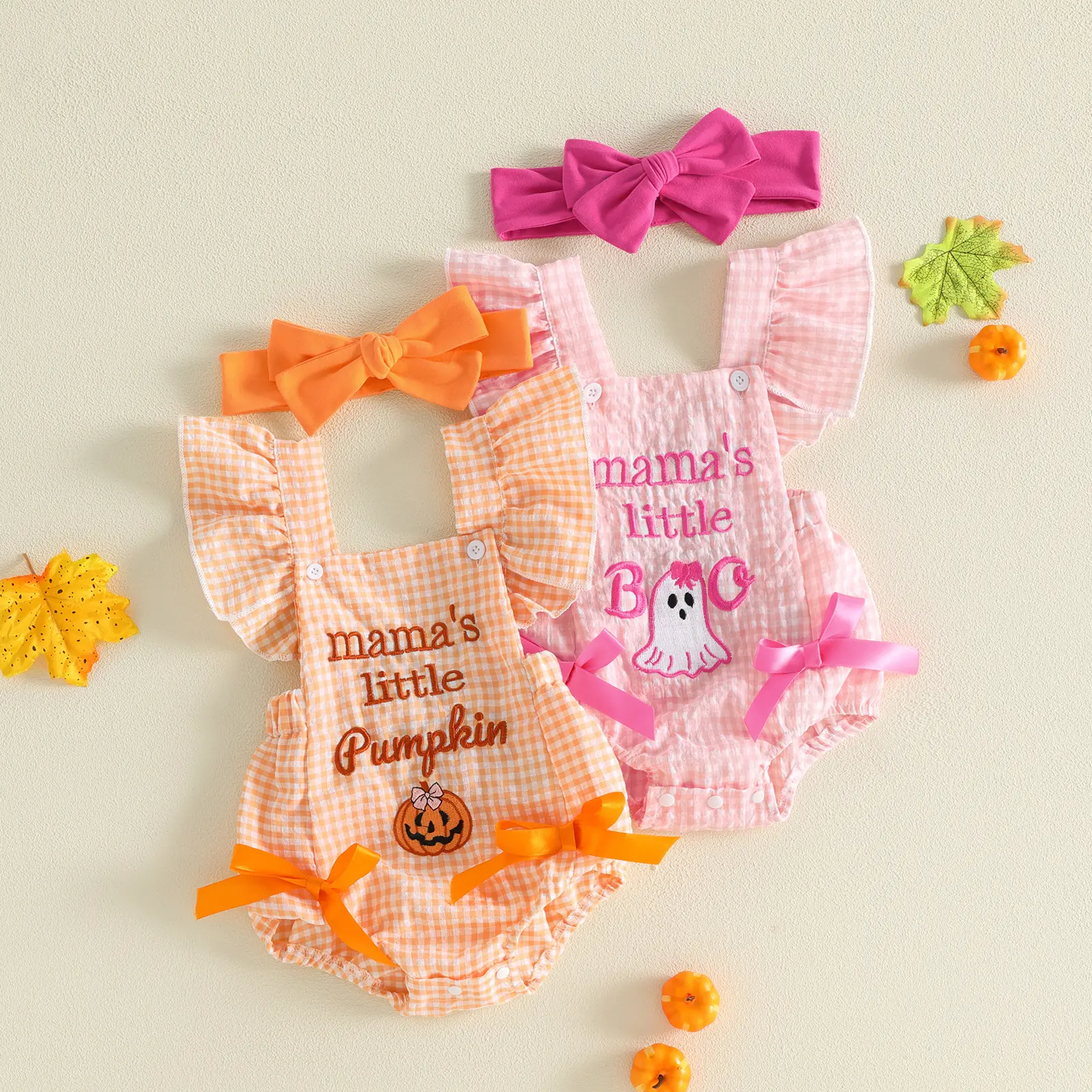 [Lullaby] Baby Girl Halloween Plaid Print Romper, Cotton Blend Jumpsuit with Embroidery (Pumpkin/Ghost), Flying Sleeves, Square Neck, Bow Headband - Prop 65 Safe Girl Wear