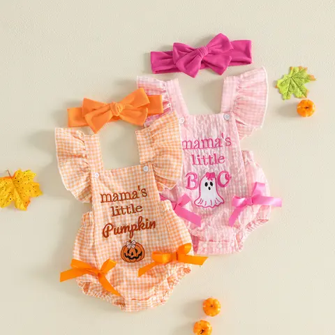 [Lullaby 3-Day Arrival] Baby Girl Halloween Romper Set, Cotton Blend Plaid Print Jumpsuit with Embroidery (Pumpkin/Ghost), Flying Sleeves, Square Neck, Bow Headband - Prop 65 Safe Baby Girl Clothing