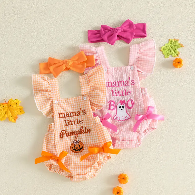 [Lullaby 3-Day Arrival] Baby Girl Halloween Romper Set, Cotton Blend Plaid Print Jumpsuit with Embroidery (Pumpkin/Ghost), Flying Sleeves, Square Neck, Bow Headband - Prop 65 Safe Baby Girl Clothing