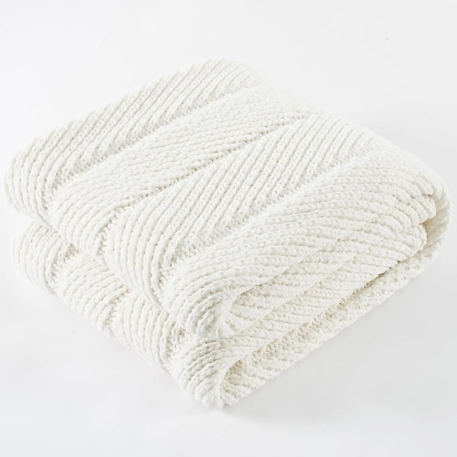 Chunky Knit Chenille Herringbone Weave Throw Blanket, 50"x60" Neutral White Synthetic, Luxury Look Room Decor, Soft Fuzzy Thermal for Couch/Chair, Bed