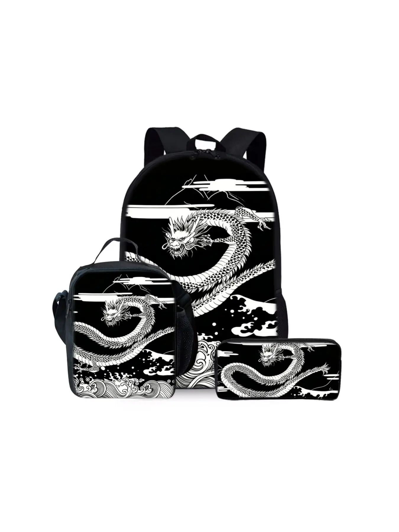 3-piece Set of Dragon 2D Printed Backpacks, Large-Capacity Lightweight Bag Set, Suitable for Outdoor Trips and Daily School Use. The set includes a backpack, a lunch bag and a pencil case, making it an ideal gift for kids and friends on festivals.