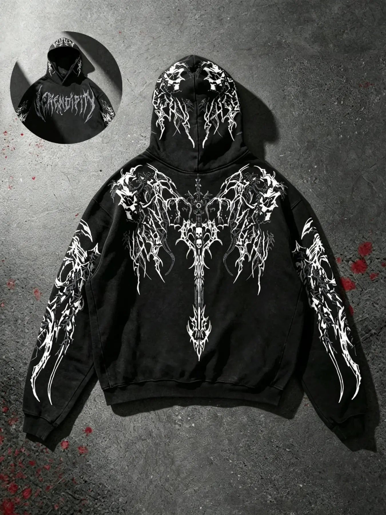 Dark Metal Style Long Sleeve Hoodie, Skull Cross Print Streetwear, Loose Fit Baggy Casual Gothic Hooded Sweatshirt, Trendy High-Street Fashion, Men's Pullover