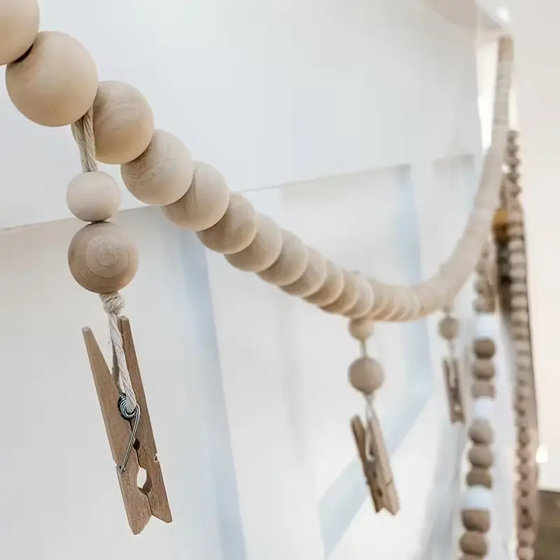 Boho Wall Photo Display Rack with Wooden Bead Garland and 5 Clamps, Vintage Wood Photo Holder for Kids Room, Perfect Gift for Mother's Day