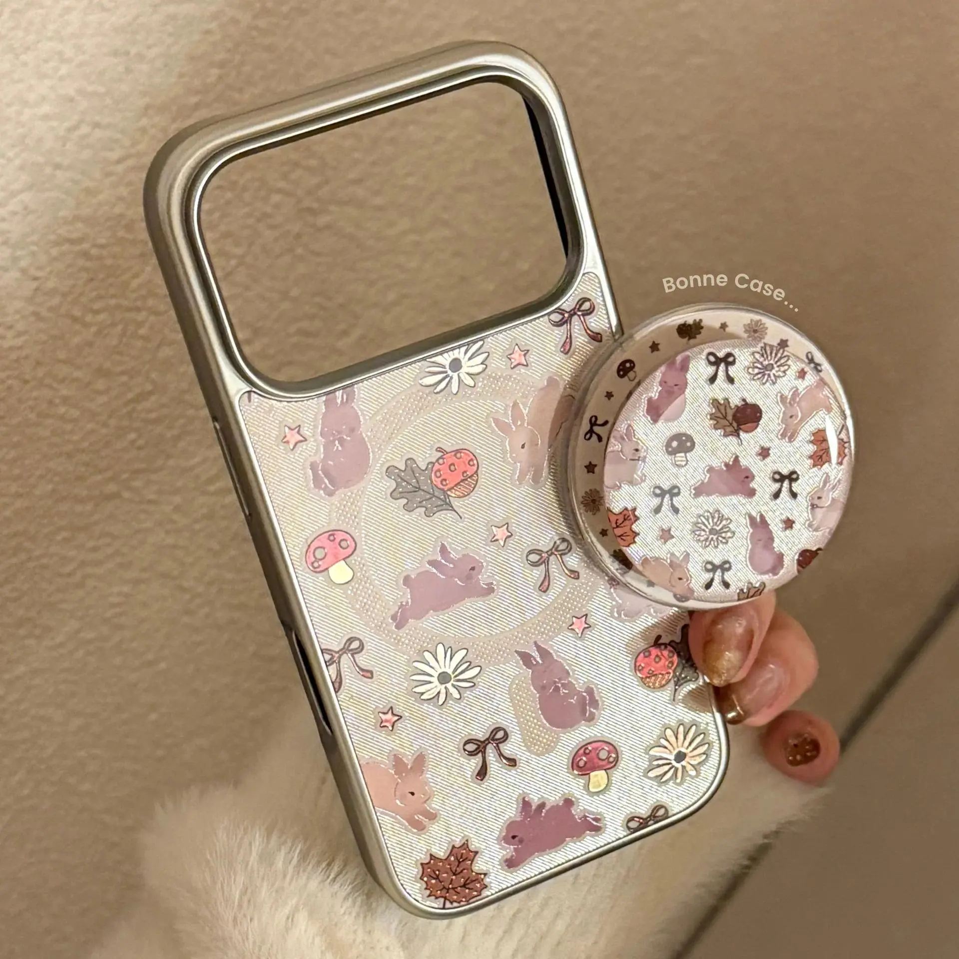 Korean Plating Cartoon Bowknot Rabbit Magnetic Bracket Phone Case For iPhone 17 Air 16 15 14 13 12 Pro Max Shockproof Hard Cover