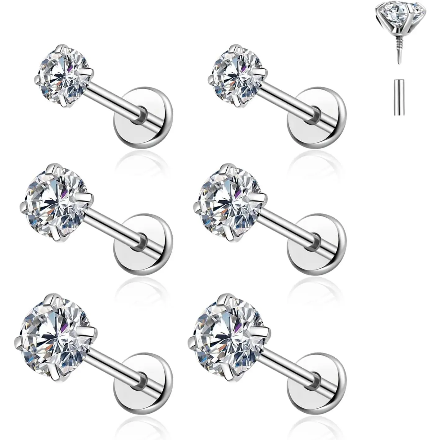 6 count Titanium Flat  Earrings,Internal Thread Cubic Zirconia Nose Stud-16G Helix Tragus Cartilage Earring for Helix, Tragus, Conch, Nose, Lip,Labret Medusa -  for Woman Man