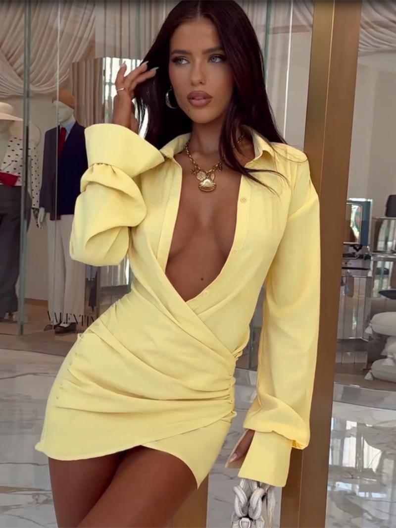 Elegant Ruched Bodycon Shirt Dress, Slim-Fitting Long Sleeve Maxi Dress, Perfect for Parties & Evening Events