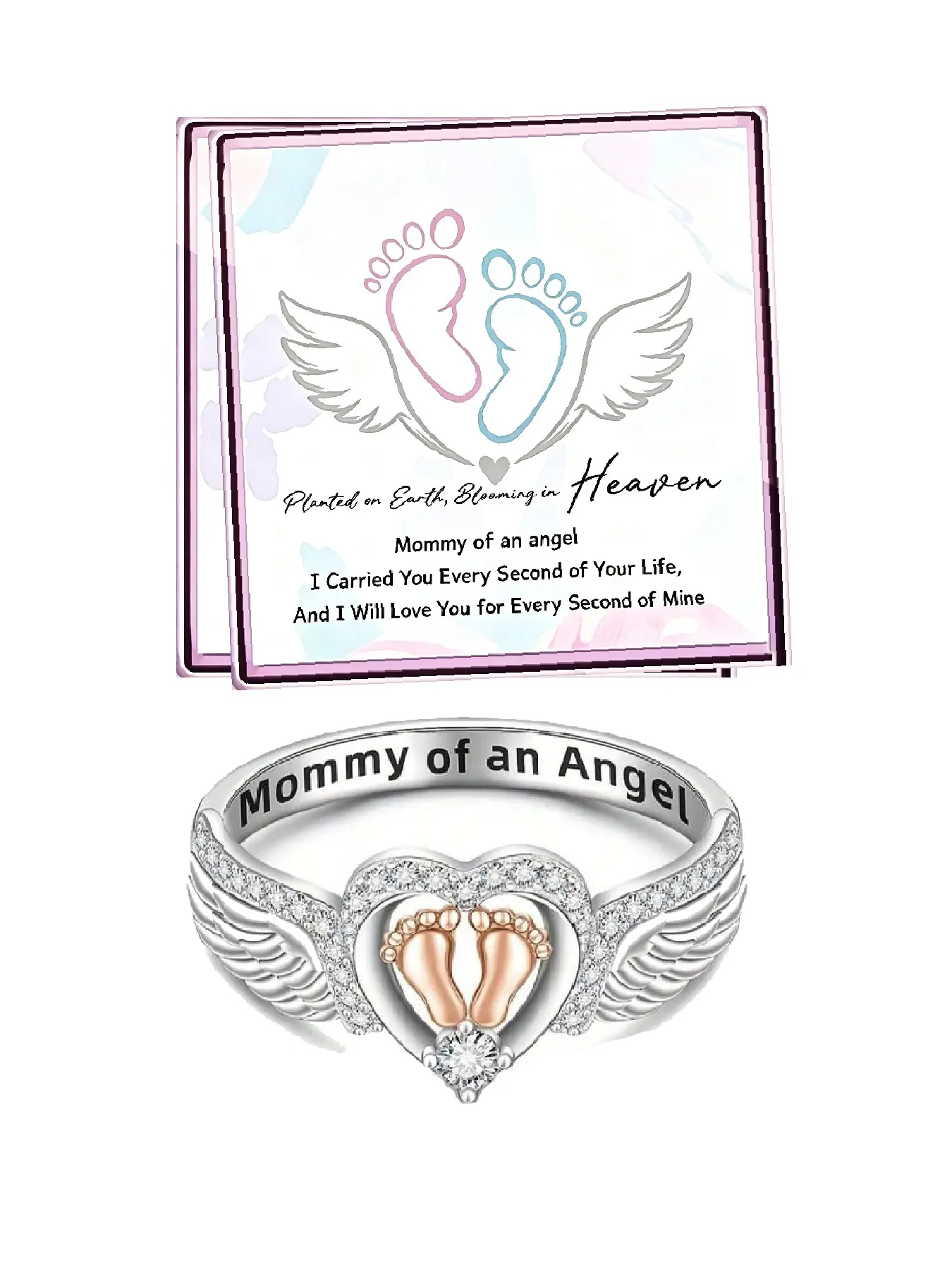 Mommy of an Angel Remembrance Ring, Wing Heart Baby Footprint Pave Zircon Ring, Miscarriage Bereavement Keepsake Jewelry, Memorial Gift for Grieving Mom with Inspirational “Planted on Earth Blooming in Heaven” Message Card