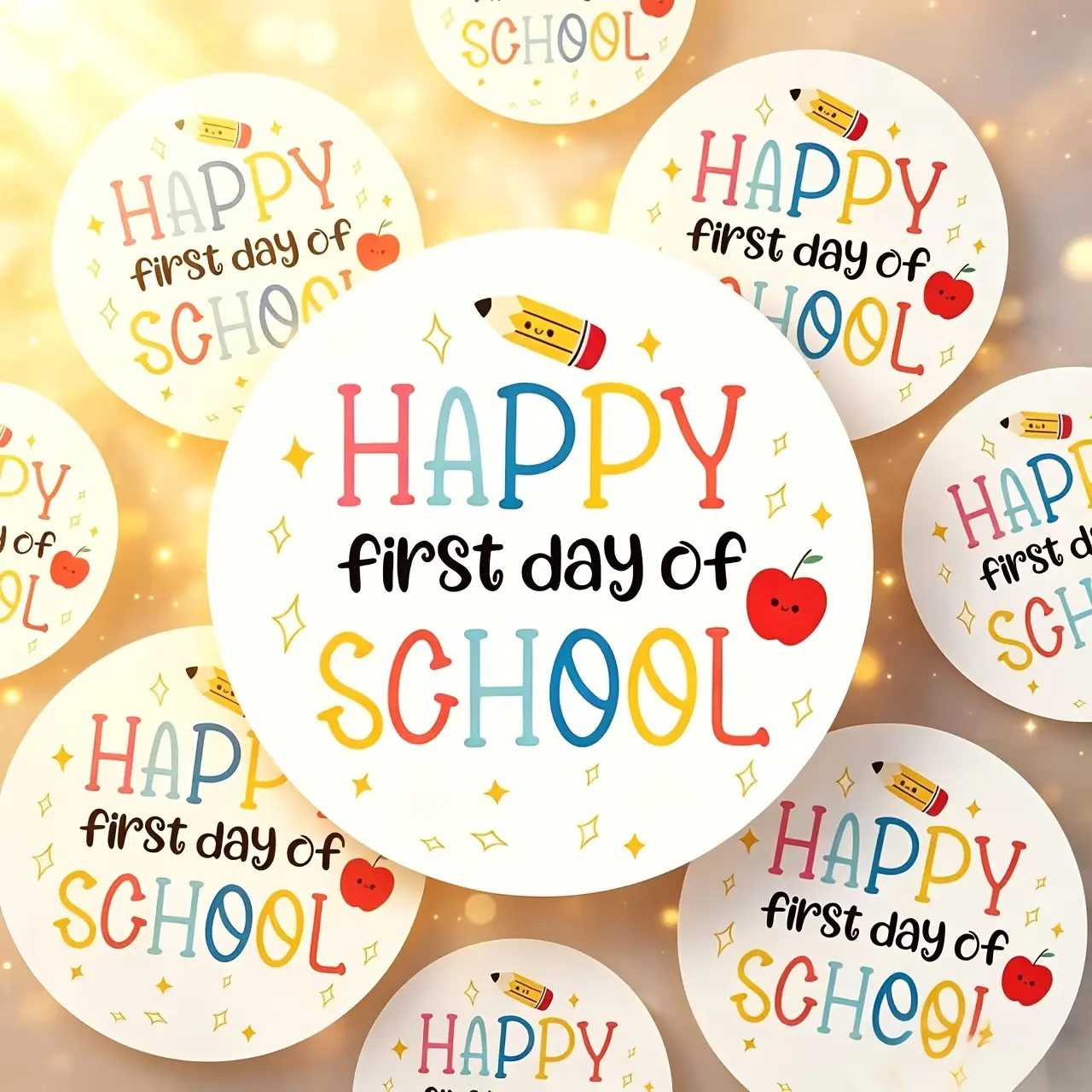 72PCS Colorful 'Happy First Day of School' Stickers with Pencil and Apple Design - Vibrant Back to School Decoration, Suitable for Gifts, Classroom Supplies, and Celebrations, Classroom Decoration