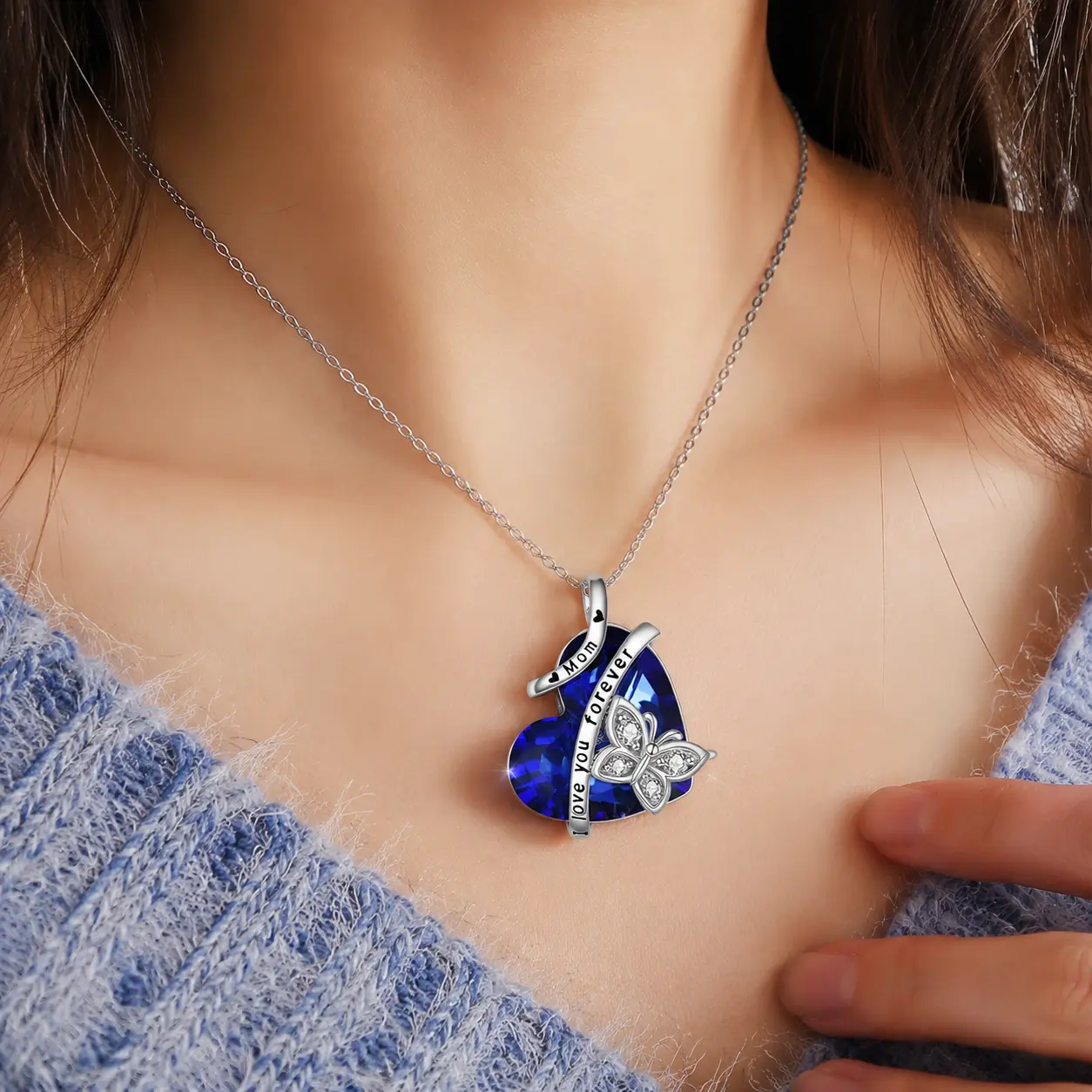Women Heart Shaped Simulated Blue Gem Pendant Necklace, Butterfly Paved Cubic Zirconia, Silver Plated Elegant Jewelry For Dating Party Evening Occasions
