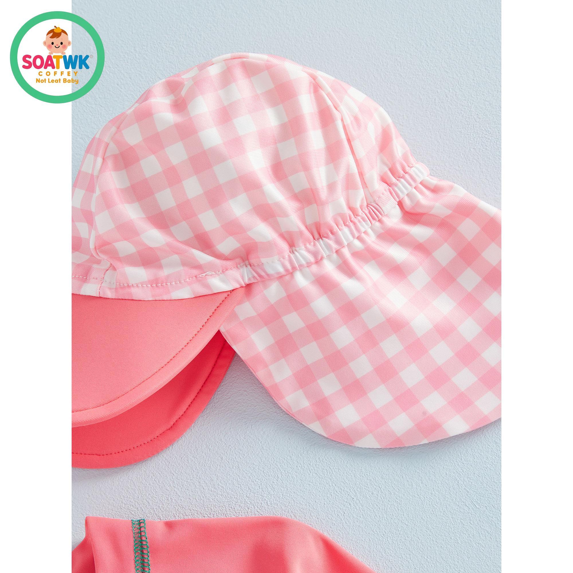 Toddler Girls Rash Guard Swimsuit Playsuits Strawberry Embroidery Plaid Print Long Sleeve Baby Bathing Suit with Sun Hat