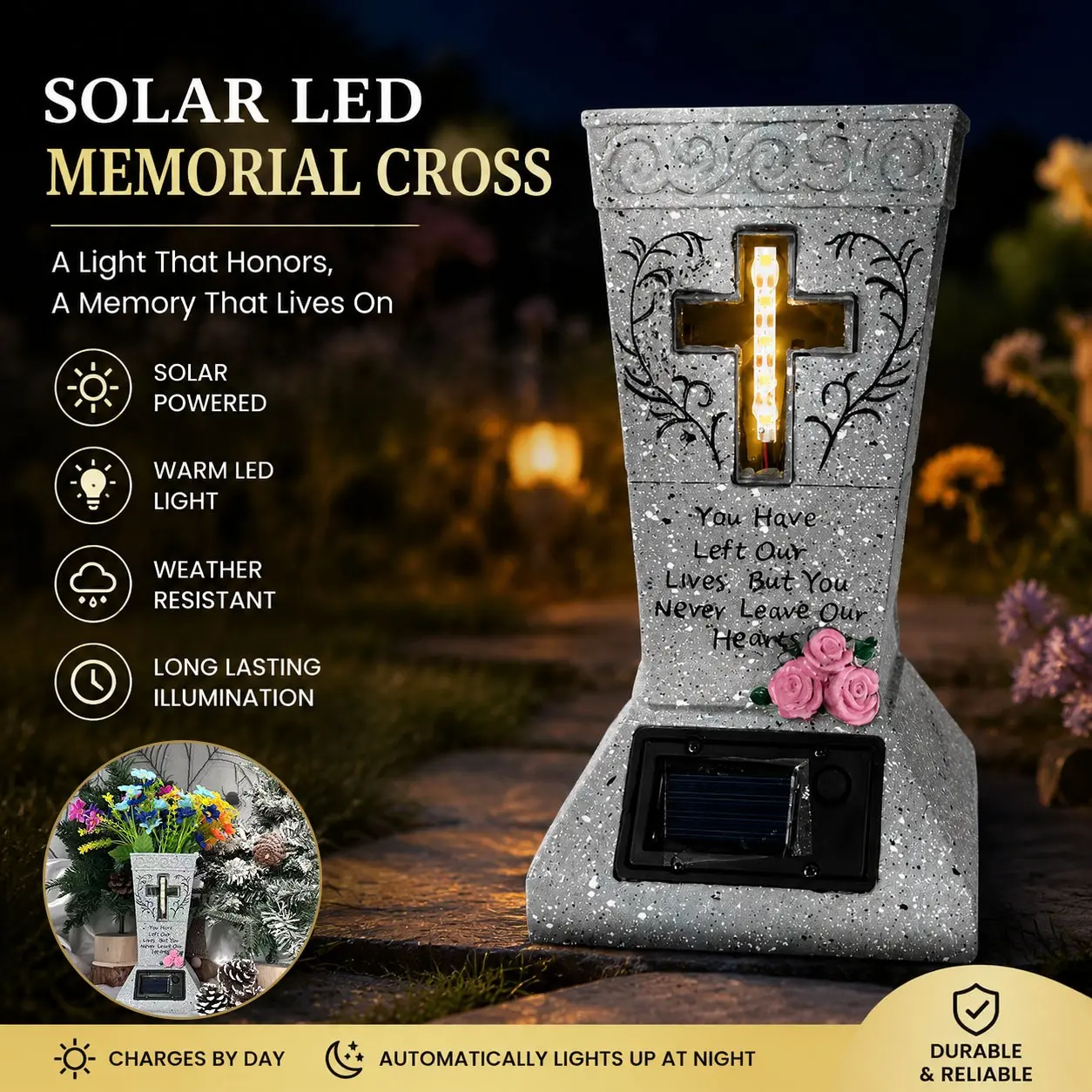 Solar Powered Cemetery Vase with LED Light, Decorative Flower Vessel, Statue Memorial Decoration, Sharp Point Design, Gift for Lost Loved Ones, Floral Arrangement Holder