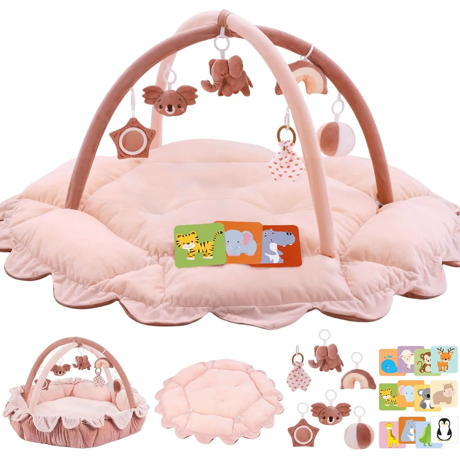 5-in-1 Plush Baby Play Gym, Activity Mat with Convertible Gym, Baby Gym 6 Sensory Toys, Play Center  Newborn to Toddler, Pink mat baby gym