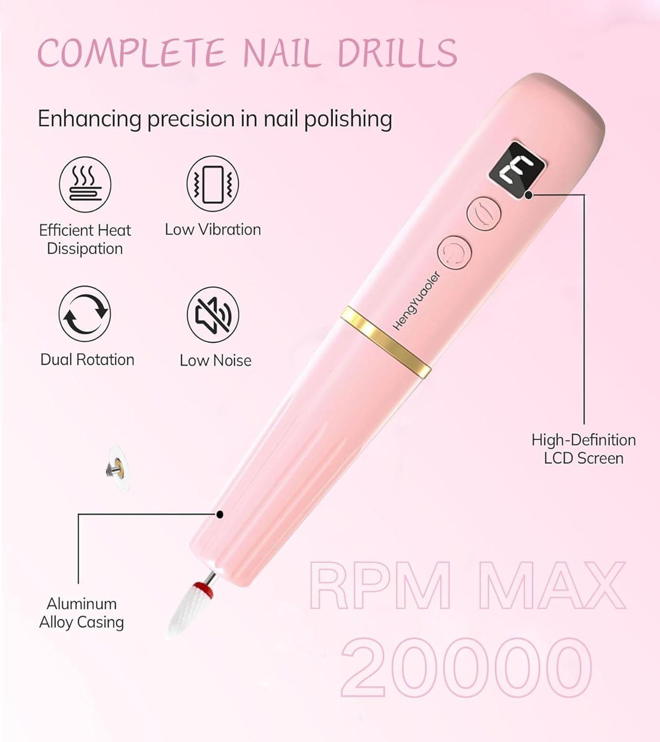 HengYuaoler Electric Nail Drill & File - Portable Nail Machine Kit for Acrylic Gel & Dip Powder Nails Manicure Pedicure Polishing Set with 12 Bits & Sanding Bands Matte Pink