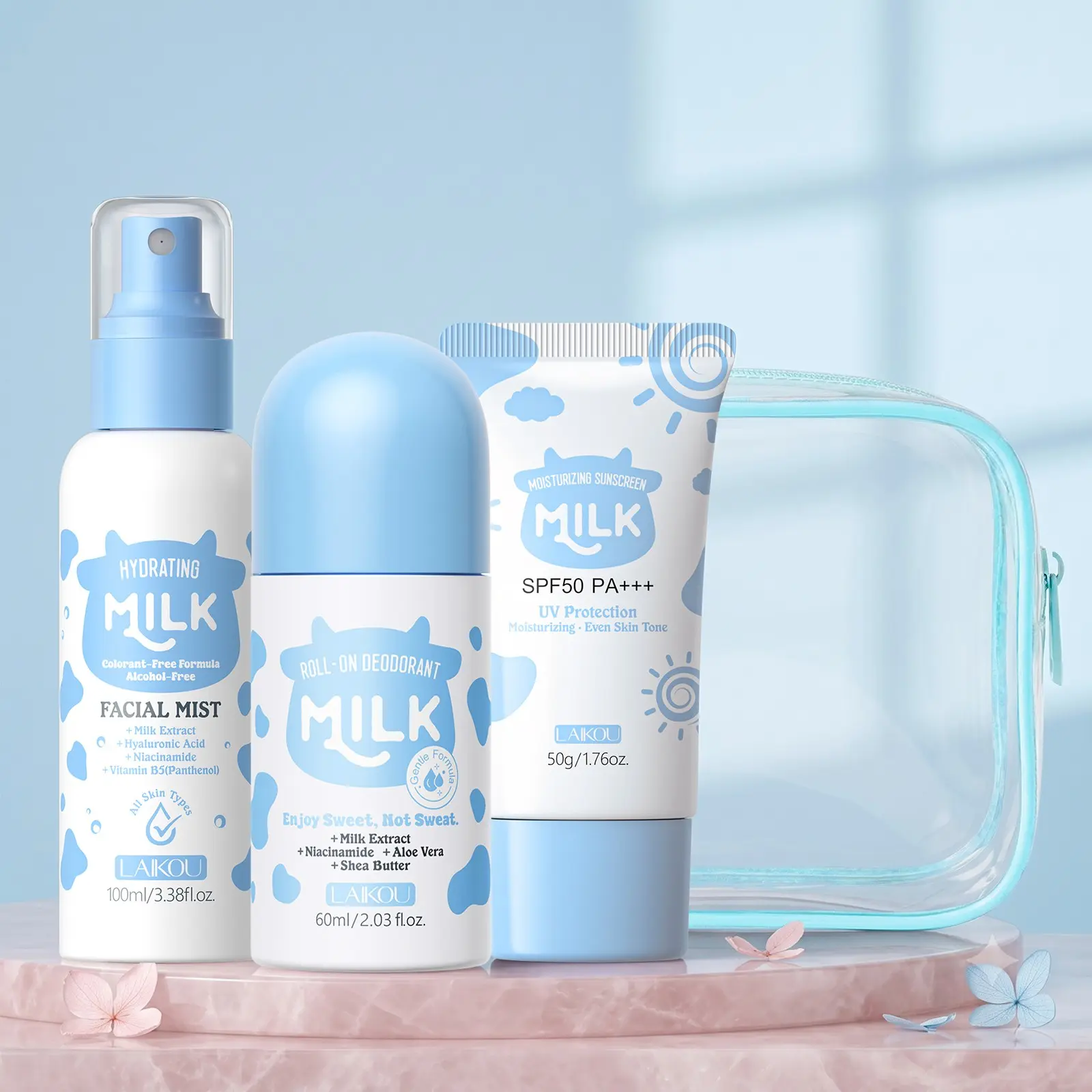 LAIKOU Milk Summer Skin Care Set, 4-in-1 UV Protection & Refreshing Travel Kit with Moisturizing Sunscreen SPF50 50g, Deodorant Roll-On 60ml, Hydrating Facial Mist 100ml and Clear Waterproof Bag, Skin Care Products