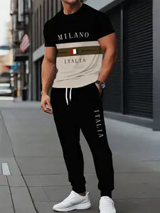 Men's Casual Sportswear Set, Milan Italy Print Short Sleeve Tee with Cargo Pants, Fashionable Trendy for Men