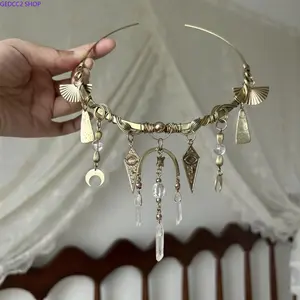 Boho Desert Style Handmade Brass Crystal Choker, Moon Star Eye Quartz Tassel Necklace, Vintage Statement Jewelry for Festivals Cosplay