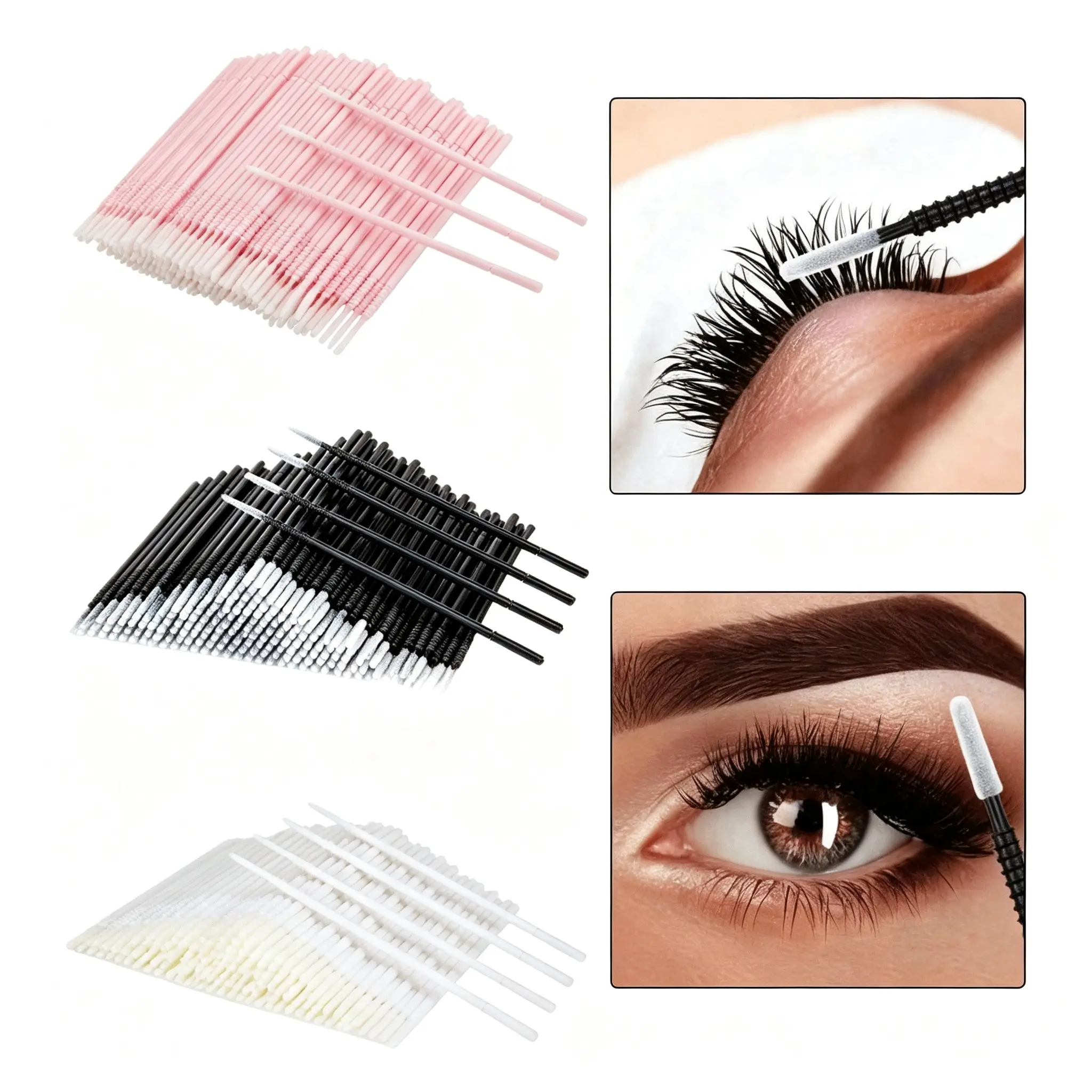 Micro Brushes - Precision Microswabs for Eyelash Extensions, Lash Mascara Applicators - Ideal for Eye, Dental, Lashes, Brows, Personal Care - Black.White.Pink