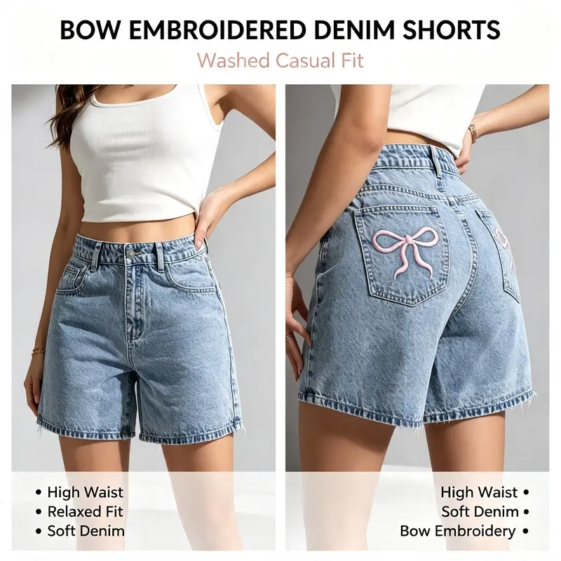 Women Mid Rise Washed Denim Bermuda Shorts, Cute Bow Embroidery Pocket Casual Straight Leg Jean Shorts, Summer Vintage Light Blue Denim Shorts