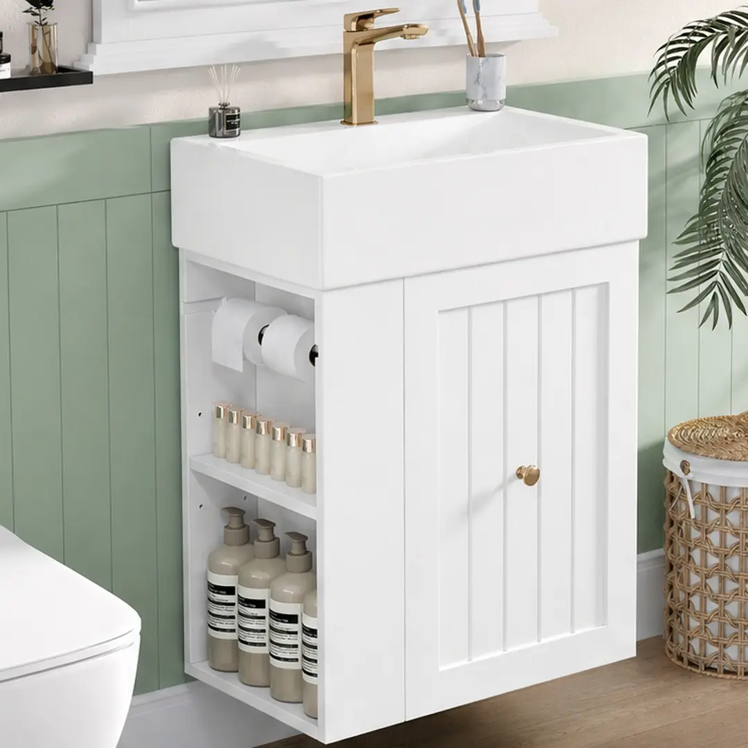 ARCH 20-Inch Wall-Mount Bathroom Vanity with Ceramic Sink, Wood-MDF Storage Cabinet, Drawer, Side Shelf, Elegant Golden Handle, DIY Assembly, for Small Spaces, Under Sink Organization, Bathroom Upgrade