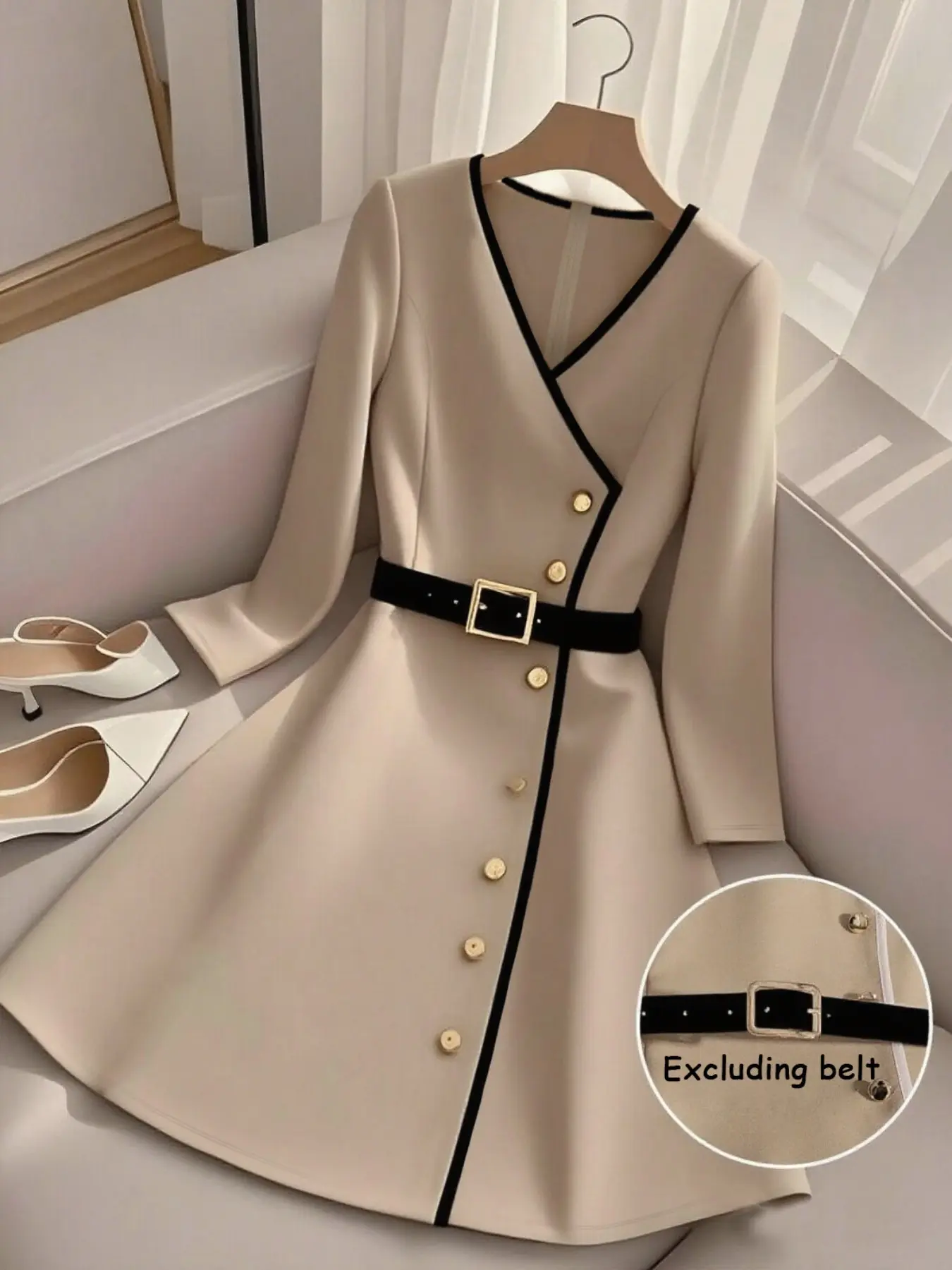 Elegant Simple V-Neck Dress for Women, Spring & Fall Long Sleeve Colorblock Trim Waist A-Line Short Dress, Chic and Stylish