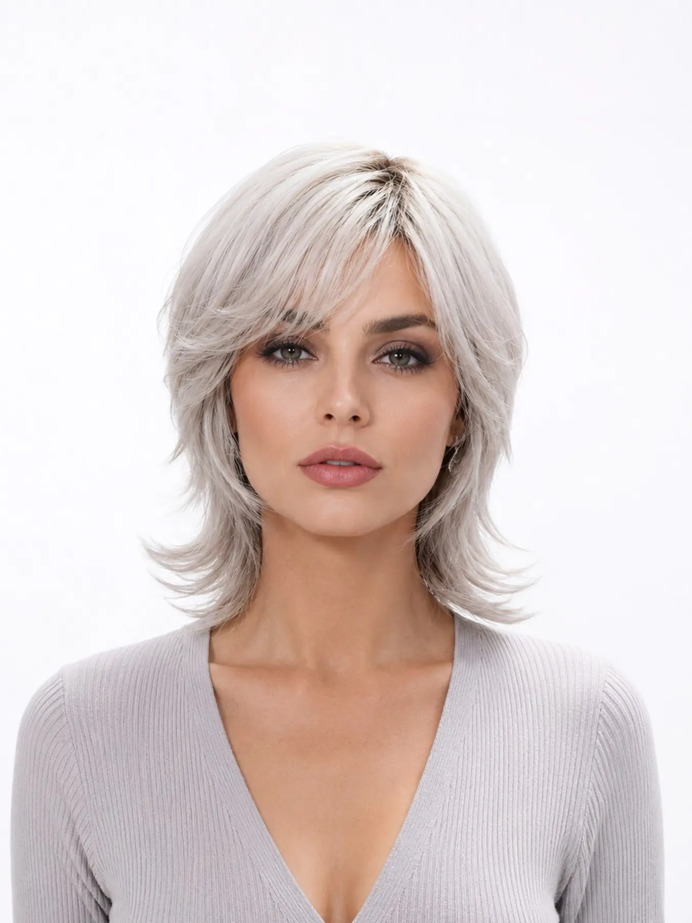 Silver Color Layered Shag Wig with Wispy Bangs, Heat Resistant Synthetic Hair Wig for Women, 12 Inch Long, Stylish & Comfortable