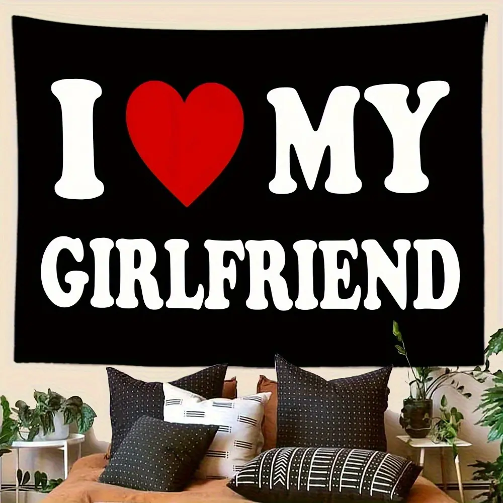1pc Funny "I Love My Girlfriend" Heart Pattern Wall Tapestry - Soft Peach Light Beige Fabric, Durable Polyester Hanging Decor for Bedroom, College Dorm, Indoor Use - Easy Installation No Tools Needed, Dorm Room Accessory, Playful Design