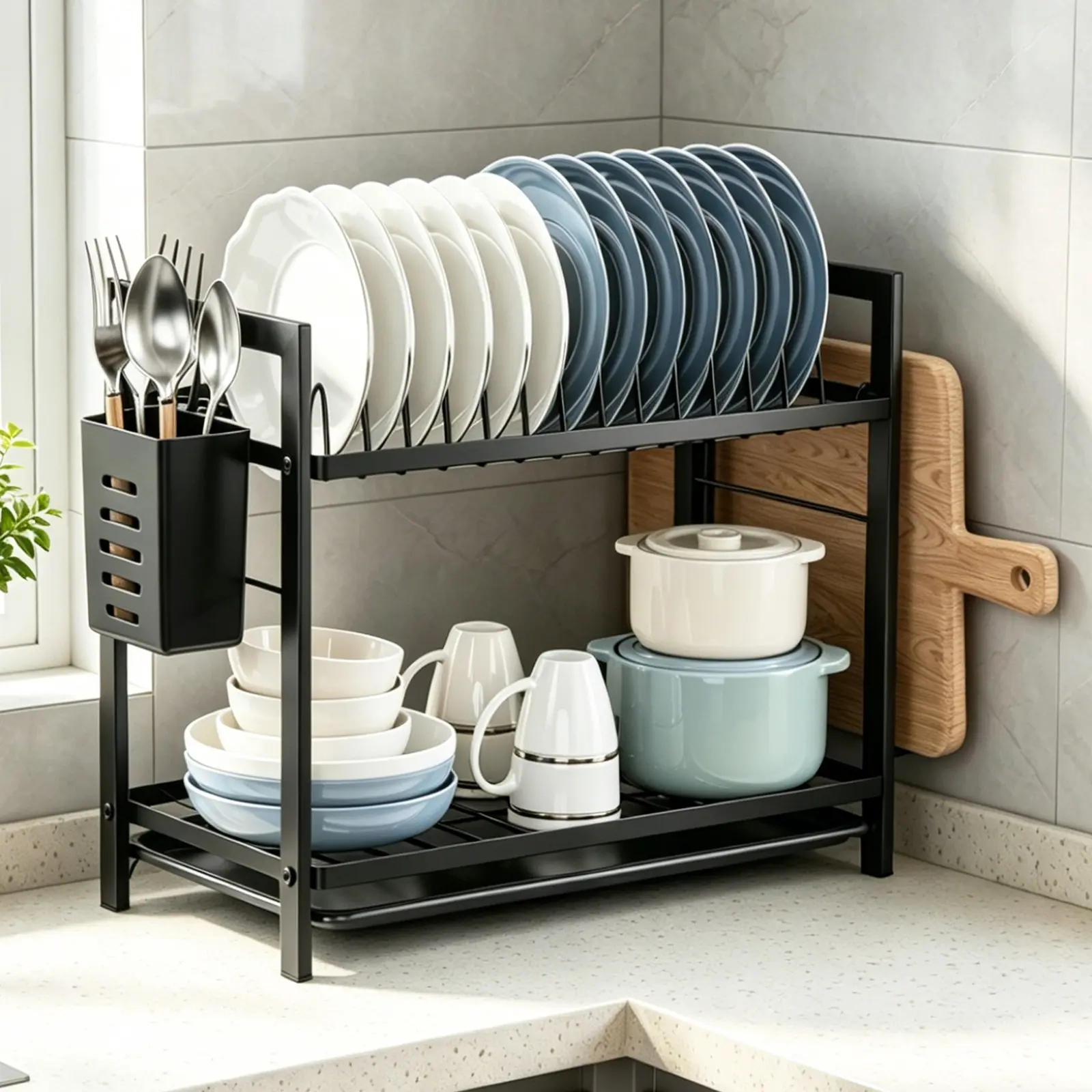 1 pc, double-tier dish rack,Comes with a drip tray,Automatic dish drying rack,Automatic drainage,Comes with a chopstick holder, cutting board stand, and cup holder,Kitchen countertop storage rack,Ideal for storing cups, cutlery, cookware, and kitchen acce